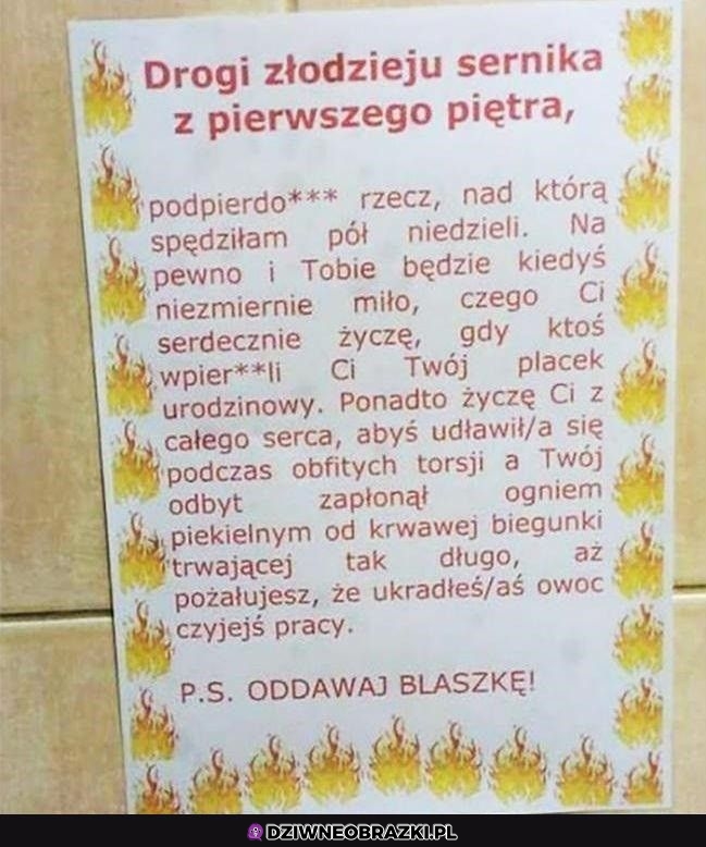 Wiadomość do sernikowego złodziejaszka