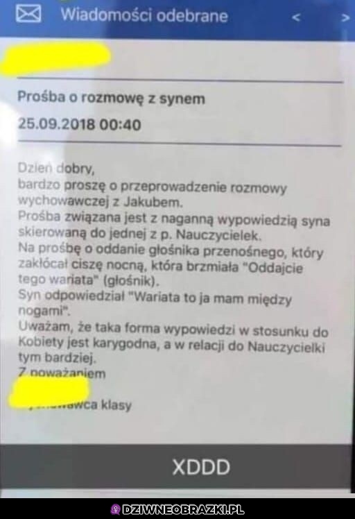 Autentyczna wiadomość do rodzica w jednej z polskich szkół